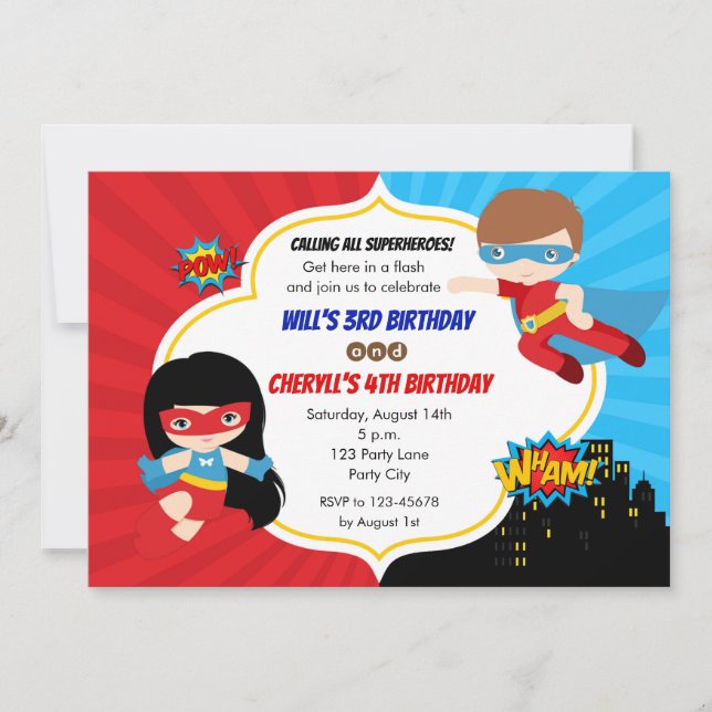 Convite Super-heróis Invites de Aniversário (Garota Gêmea) (Frente)