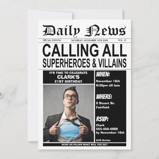 Convite Super-heróis ou Festas de aniversário Villains (Frente)