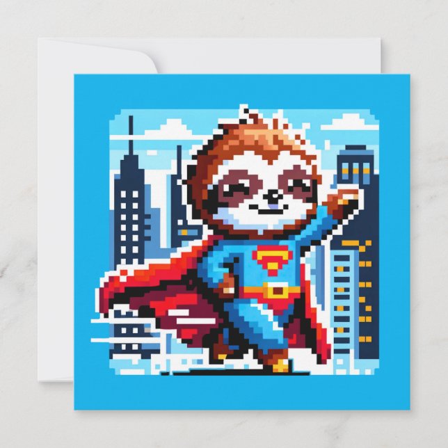 Convite Super Sloth Funny Pixel Art Hero Cityscape Design (Frente)