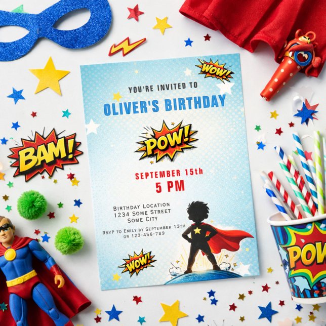 Convite Superhero Cartoon Boy Birthday Party (Criador carregado)