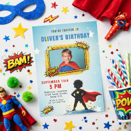 Convite Superhero Cartoon Boy Photo Birthday Party 