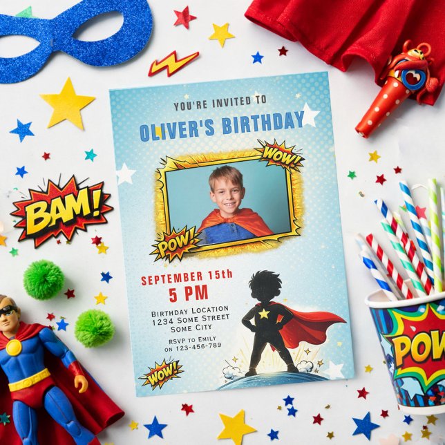 Convite Superhero Cartoon Boy Photo Birthday Party  (Criador carregado)