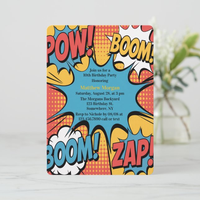Convite Superhero Comic Book Pop Art Boy Birthday Party (Em pé/Frente)
