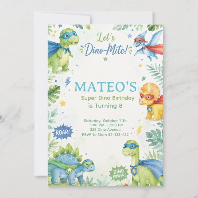 Convite Superhero Dinosaur Watercolor Birthday Party Paste (Frente)