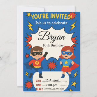 Convite Superhero Kids Birthday Invitation | Comic Style B