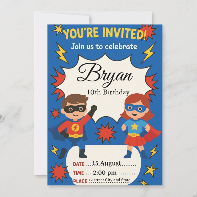 Convite Superhero Kids Birthday Invitation | Comic Style B (Frente)