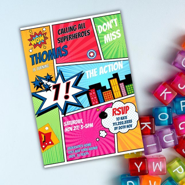 Convite Superhero Party Comic Book Birthday Photo (Criador carregado)