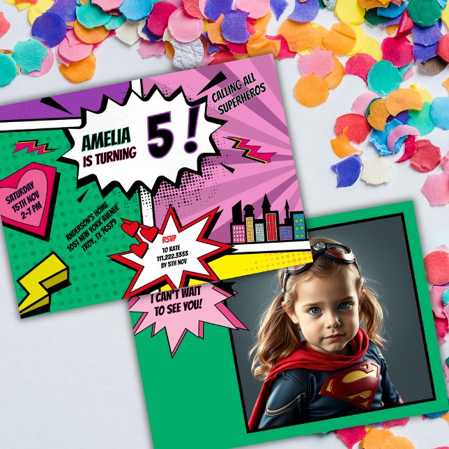 Convite Superhero Party Comic Book Birthday Photo Girl (Criador carregado)