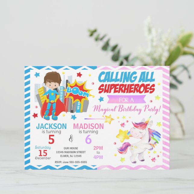 Convite Superhero & Unicorn Joint Birthday Invitation (Em pé/Frente)