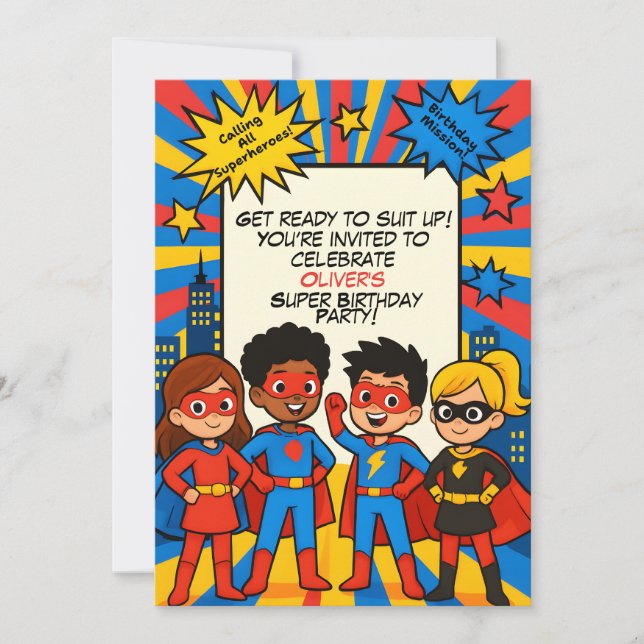 Convite Superheroes Birthday Invitation – Custom 5x7 Card (Frente)