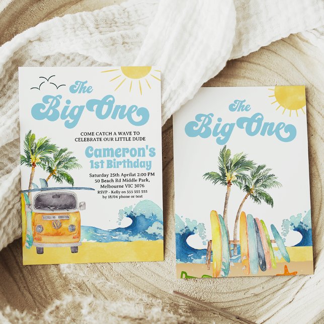 Convite Surf De Onda Retro Azul O Grande primeiro aniversa (Editable Boys the Big One Surfing 1st Birthday Invitation,  Retro Boy Surf Van Surfboard Beach Party)