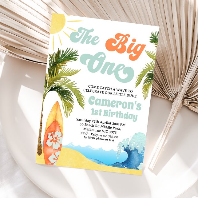 Convite Surf de Teto Laranja Onda Grande Um primeiro anive (Editable Boy the Big One Surf 1st Birthday Party Invitation Orange Teal Surf  Surfboard Beach Party )