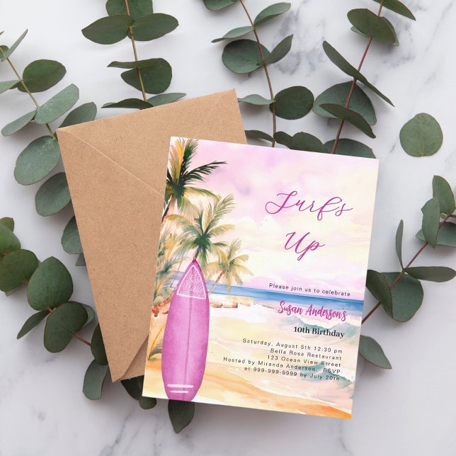 Convite Surf retro praça surfboard rosa aniversário (Criador carregado)