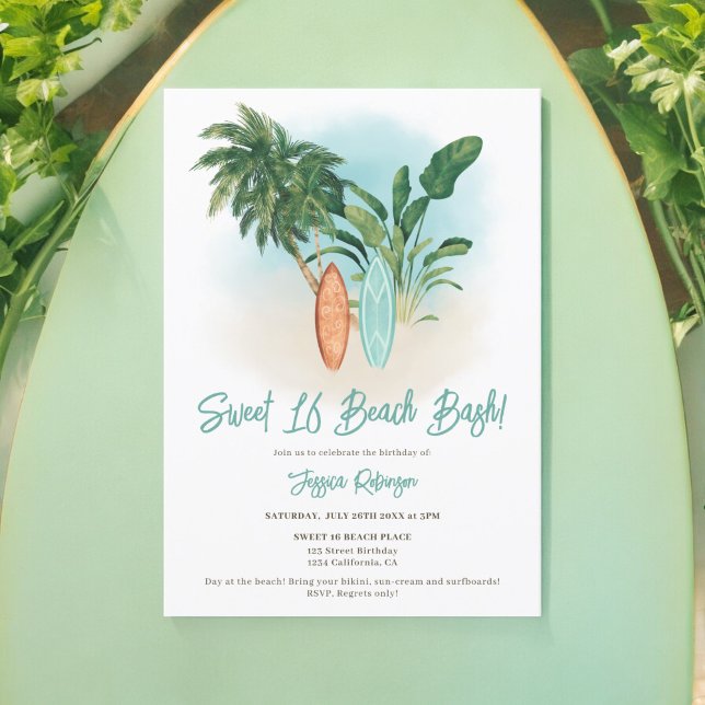Convite Surf Tropical Sweet 16 Beach Bash (Summer Fun Tropical Surf Sweet 16 Beach Bash Invitation)