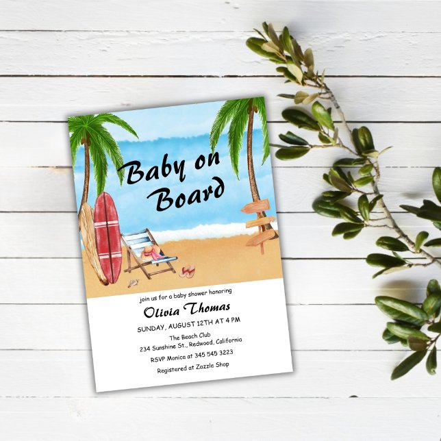 Convite Surfboard Tropical Baby On Conselho Chá de fraldas (Tropical Surfboard Baby On Board Baby Shower Invitation)