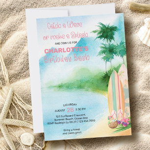 Convite Surfboard Watercolor Beach Birthday Bash Invitatio