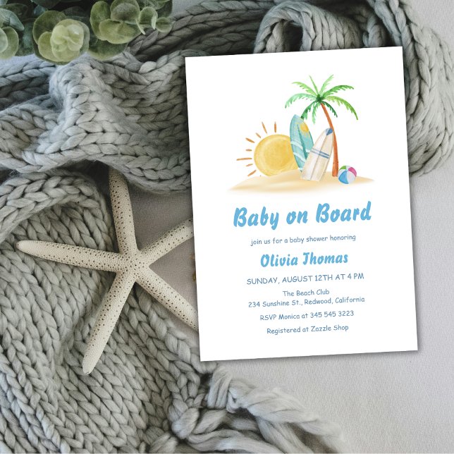 Convite Surfboards Sunshine Beach Palm Chá de fraldas (Surfboards Sunshine Beach Palm Tree Baby Shower Invitation)