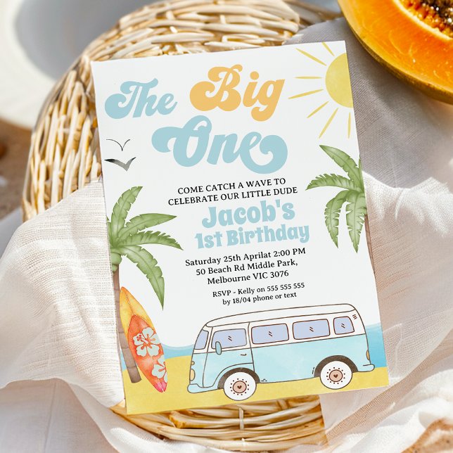 Convite Surfer Azul Laranja Retroativo O Grande primeiro a (The Big One Surf 1st Birthday Invitation Template, Beach Surf The Big One 1st Birthday Invitation, 
)