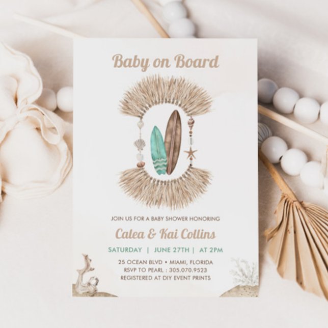 Convite Surfing Beach Boho Baby On Board Baby Shower (Criador carregado)