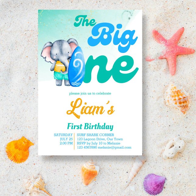 Convite Surfing tropical de verão no oceano de praia (The big one retro surfing cute baby elephant first birthday invitation template)