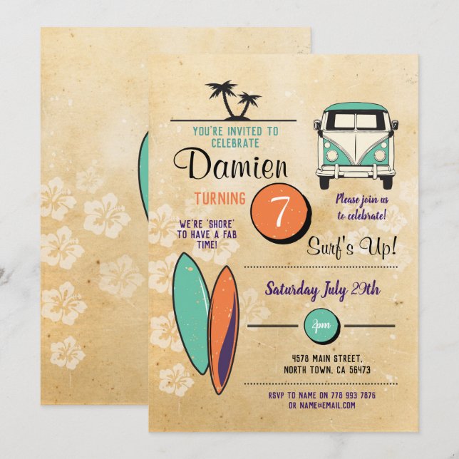 Convite Surfs! Festa de aniversário de surfe Conite Palm d (Frente/Verso)