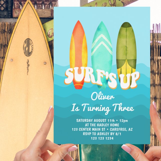 Convite Surfs Up Surfboard Boy aniversário de 3 anos (Criador carregado)