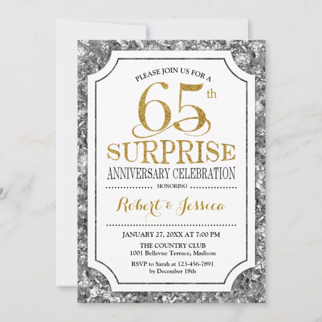 Convite Surpreenda 65º Aniversário de Casamento - Prata Do (Frente)