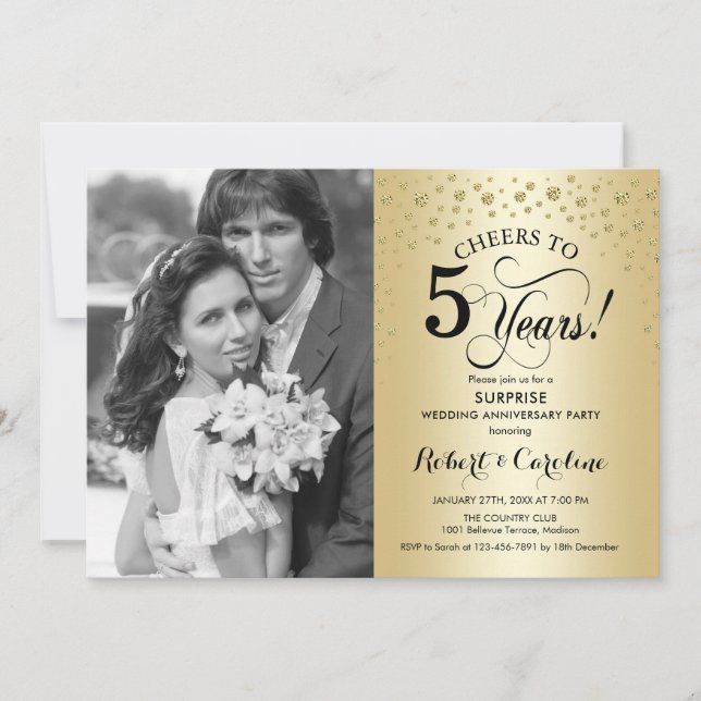 Convite Surpreenda no 5º aniversário com foto dourada e pr (Frente)