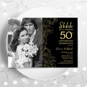 Convite Surpreenda o 50º Aniversário Com Foto em Ouro Pret