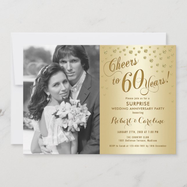 Convite Surpreenda o 60º Aniversário com Foto - Dourado (Frente)
