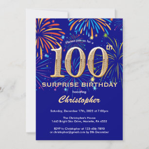 Convite Surpresa 100º aniversário Marinho azul e Dourado F