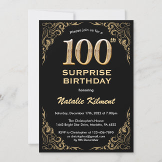 Convite Surpresa 100º Aniversário, Preto e Dourado Brilhan
