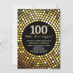 Convite Surpresa 100º Aniversário, Preto e Dourado Brilhan