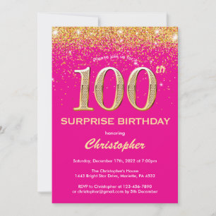 Convite Surpresa: 100º aniversário, rosa quente e Dourado