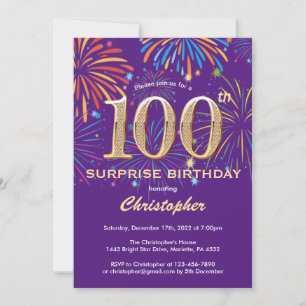 Convite Surpresa 100º Aniversário Roxo e Dourado