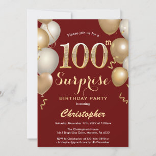 Convite Surpresa 100º Aniversário Vermelho Escuro e Bal
