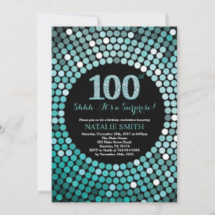 Convite Surpresa 100.º Aniversário, Negra e Teal Glitter