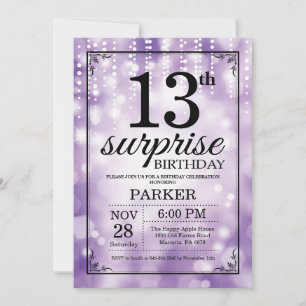 Convite Surpresa 13 de Aniversário Invocando Glitter Roxo
