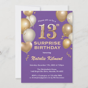 Convite Surpresa 13 de Aniversário Roxo e Balões Dourados