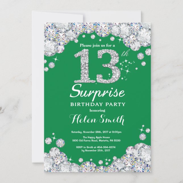 Convite Surpresa 13 de Aniversário Verde e Silver Diamond (Frente)
