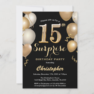 Convite Surpresa 15 de Aniversário Negro e Dourados Balõ