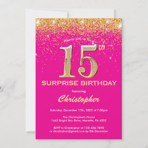 Convite Surpresa 15 de Aniversário Rosa Quente e Dourada G
