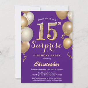 Convite Surpresa 15 de Aniversário Roxo e Balões Dourado