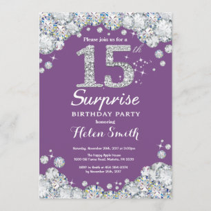 Convite Surpresa 15 de Aniversário Roxo e Diamante de Pra