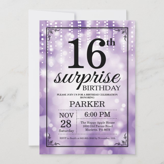 Convite Surpresa: 16º Aniversário com Glitter Roxo (Frente)