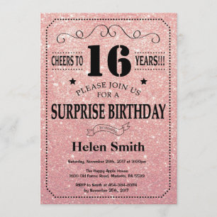 Convite Surpresa: 16º aniversário, Dourada Glitter Rosa 