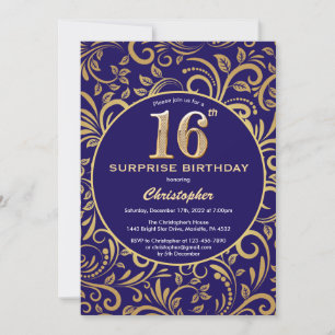 Convite Surpresa 16º Aniversário Marinho Azul e Dourado Fl