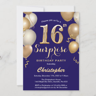Convite Surpresa 16º aniversário Marinho Balões Azuis e