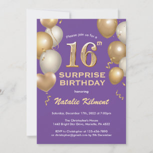 Convite Surpresa 16º aniversário Roxo e Balões Dourados