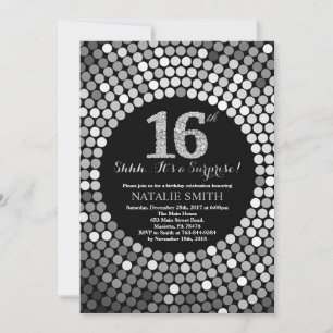 Convite Surpresa 16.º Aniversário, Negra e Lente Prateada
